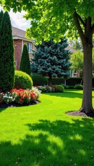 Lush green lawn, vibrant flowerbeds, and mature trees create a stunning residential landscape design  Perfect for real estate, gardening, and home improvement websites ,  soil, lawn,  yard work