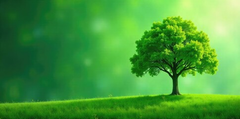 Lush green foliage dominates this vibrant image, a single majestic tree stands tall against a backdrop of rich, verdant hues Perfect for nature, environmental, and spring themes , plant, earth, woods