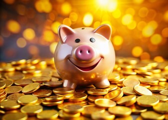 Happy Piggy Bank with Cascading Coins - Tilt-Shift Savings Fun