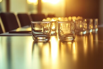 Empty glasses on a table in a conference room bathed in warm sunset light.