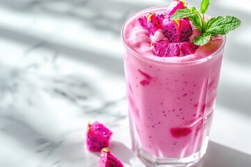 Refreshing dragon fruit smoothie topped with fresh mint and dragon fruit pieces.