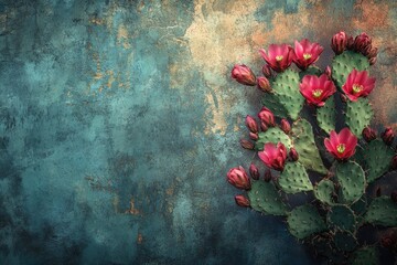 Vibrant prickly pear cactus blossoms on a rustic teal background.