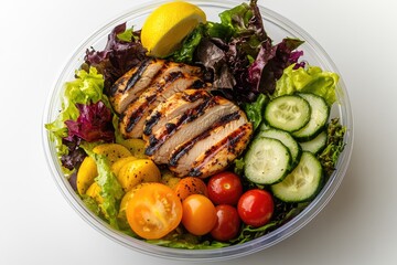Grilled chicken salad with mixed greens, cucumbers, cherry tomatoes, and lemon.