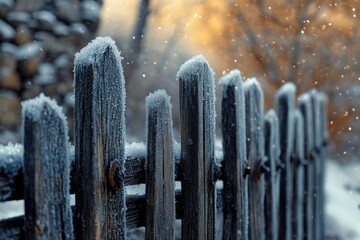 A rustic wooden fence, covered in frost, stands in a snowy winter landscape.