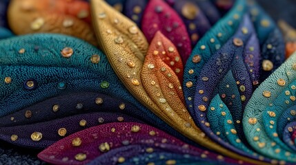 Colorful Abstract Leaf Pattern With Water Droplets in Textured Fabric Style and Vibrant Gradient Design