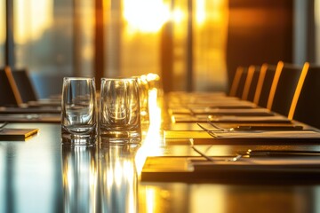 A sunlit conference room, set for a meeting, with empty glasses on the table.