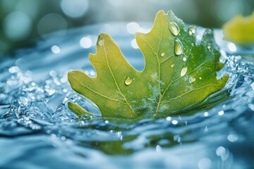A vibrant green leaf floats gently on pristine water, glistening with raindrops, showcasing the beauty of nature.