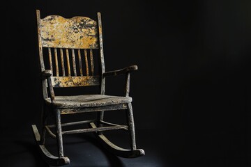 A weathered, antique rocking chair sits alone in the dark, evoking a sense of age and solitude.