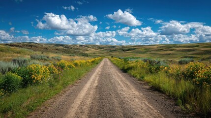Naklejka premium Serene Dirt Road Surrounded by Lush Green Hills and Blue Sky