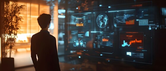 Modern Workplace Scene with Person Engaged in Big Data Review Through Augmented Interface, Man Stands in Front of Digital Wall Displaying Predictive Analytics and Data Insights, with blur background