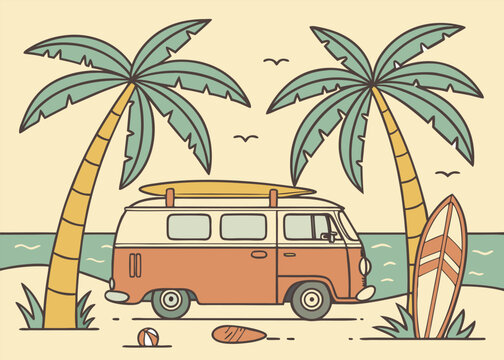 Retro Surfer Lifestyle Illustration with Vintage Beach Van, Palm Trees, Surfboards, and Ocean Scenery