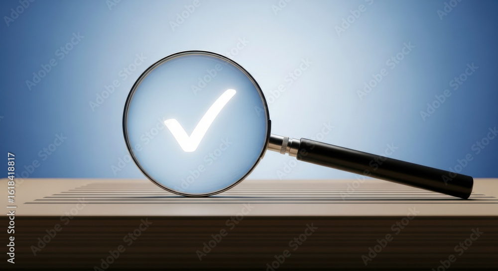 Poster magnifying glass checklist check mark verification validation approval confirmation symbol search ic