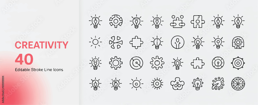 Poster a set of 40 minimalist line art icons arranged in a grid format, depicting creativity and innovation