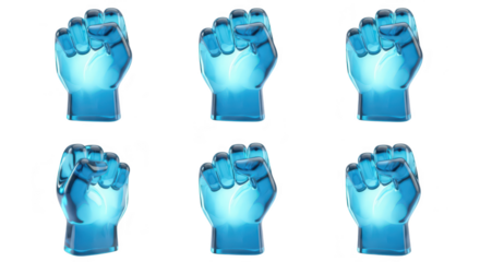 Six transparent blue fists on a white surface symbolizing unity power or agreement White background Can be used for concepts