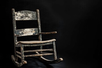 A weathered, antique rocking chair sits alone against a stark transparent background, conveying a sense of age and solitude.