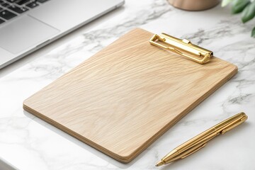 Wooden clipboard with gold clasp and pen on marble surface, minimalist workspace.
