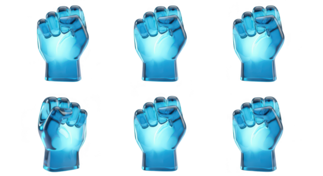 Six transparent blue fists on a white surface symbolizing unity power or agreement White background Can be used for concepts - Powered by Adobe