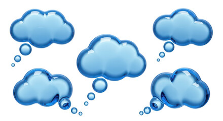 Glass cloud thought bubbles floating on a white backdrop representing ideas concepts and communication for web design or presentations