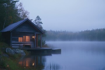 Secluded log cabin on a misty lake, serene and tranquil evening atmosphere.