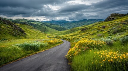 Naklejka premium Scenic Meadow Landscape with Curved Road and Dramatic Sky
