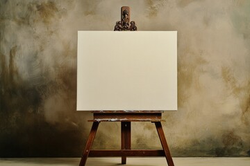 Blank canvas on wooden easel against textured wall, ready for artistic creation.