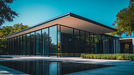 Modern Glass Building Reflection on Water on a Sunny Day