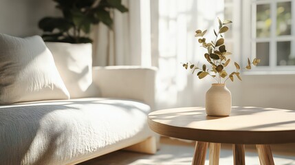 Light Beige Sofa Eucalyptus Branches in Cream Vase on Light Wood Round Table Sunlit Room