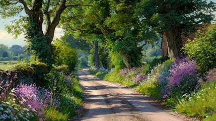 Obraz premium Serene Dirt Path with Lush Greenery and Colorful Wildflowers