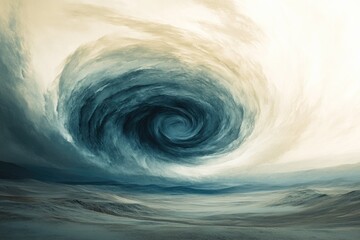 A swirling vortex of dark clouds descends upon a desolate, sandy landscape.