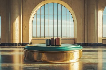 Three vintage suitcases sit on a baggage carousel in a grand, sunlit terminal.