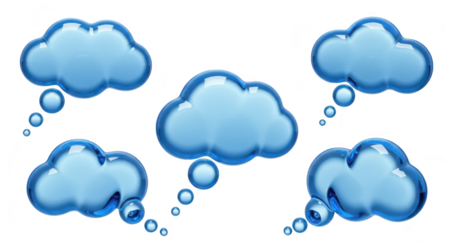 Glass cloud thought bubbles floating on a white backdrop representing ideas concepts and communication for web design or presentations