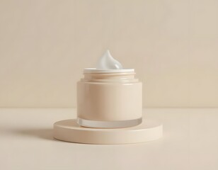 Close up shot of a cream jar with white cream on top sitting on a small round platform on beige