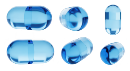 Transparent blue capsules displayed against a white background illustrating healthcare and medicine concepts