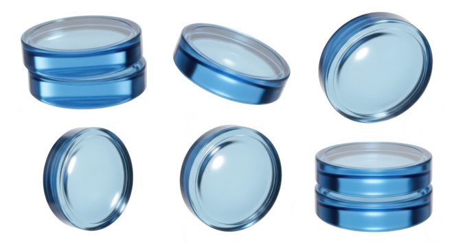 Transparent blue petri dishes in various orientations isolated on white illustrating scientific research healthcare or laboratory concepts