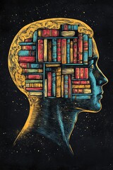 Vintage sketch engraving of a pastel yellow mans head with a colorful books library inside the brain