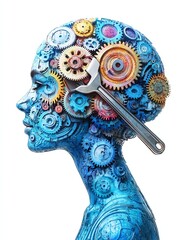 Illustration of a woman developing a pastel blue brain by turning multicolored gears with a wrench