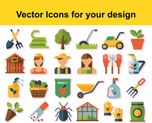 Gardening icons set with tools and plants shovel fork