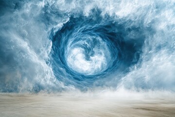 A swirling vortex of dark clouds descends over a desolate, sandy landscape.