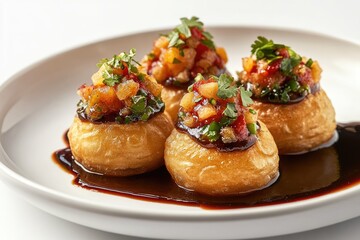 Fried potato puffs topped with a vibrant salsa, drizzled with a rich dark sauce.