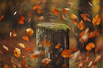 Autumn leaves swirl around a mossy tree stump in a vibrant display of fall colors.