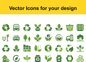 Green Eco Icons Set with Recycling and Nature Symbols
