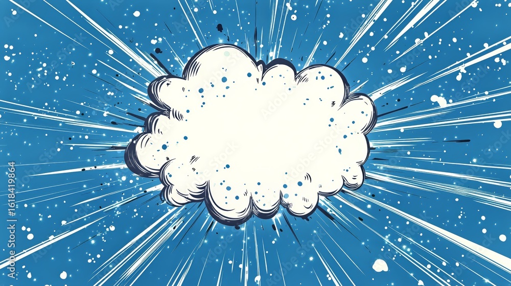 Poster dynamic explosion effect with vibrant blue background and ample space for text.