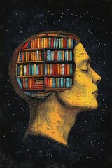 Retro engraved illustration of a pastel yellow male head filled with a multicolored library in the brain