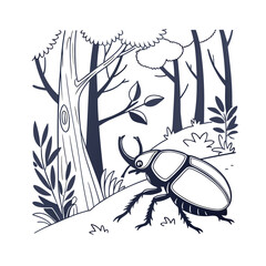 Detailed line art illustration of an insect in a forest setting on a clean white background
