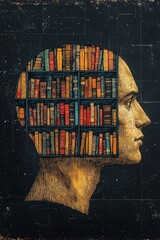 Retro engraved illustration of a pastel yellow male head filled with a multicolored library in the brain