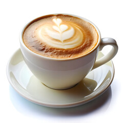A steaming cup of cappuccino with intricate latte art in the shape of a heart, presented on a white saucer