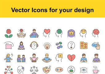 Mental health and wellness vector icons brain psychology