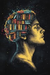 Retro engraved illustration of a pastel yellow male head filled with a multicolored library in the brain