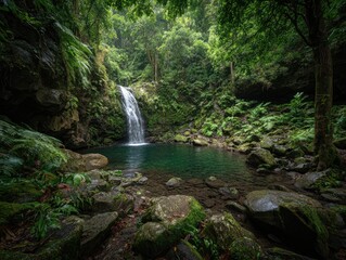Lush rainforest waterfall cascading into a tranquil pool