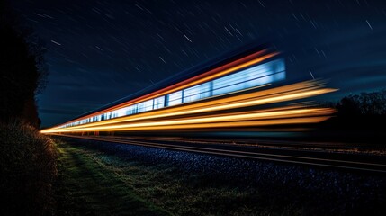 Naklejka premium At night, a fast passenger train blurs into streaks of light under a starry sky, with its motion highlighted by illuminated windows and glowing rails against dark scenery